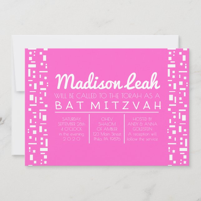 Étoiles et Carré PINK Bat mitzvah Invitation (Devant)