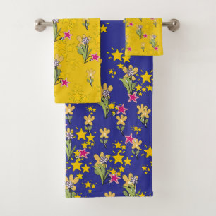 Étoiles et fleurs bleu profond jaune