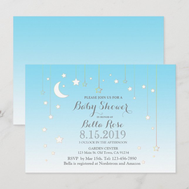 Etoiles lune bleu garçon baby shower invitation (Devant / Derrière)