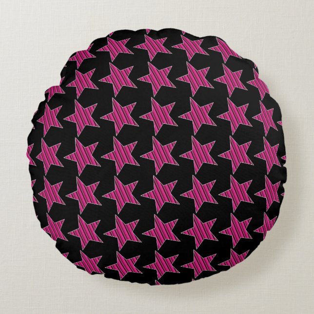 Étoiles roses et noires rayées Coussin rond (Devant)