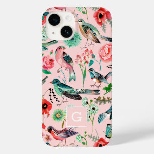 Étui de téléphone à fleurs roses vintage oiseaux b