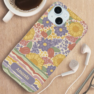 Étui de téléphone à rayures florales avec nom pers