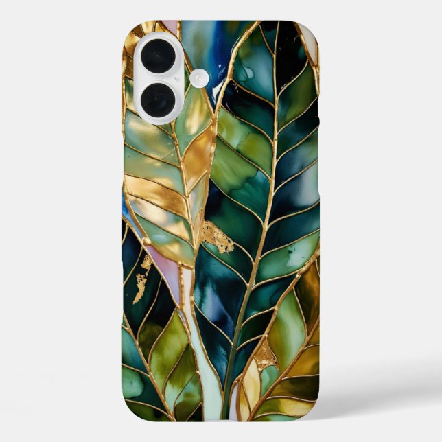 Étui de téléphone esthétique en feuilles d'or vert (Verso)