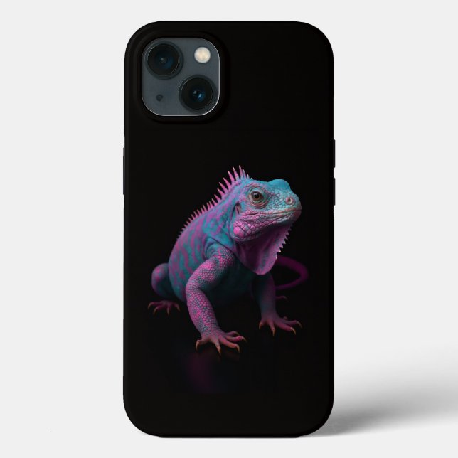 Étui iPhone 13 Luxe Noir 4, Iguane Tropical Rose (Verso)