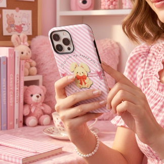 Étui iPhone 14 en peluche lapin rayé rose doux