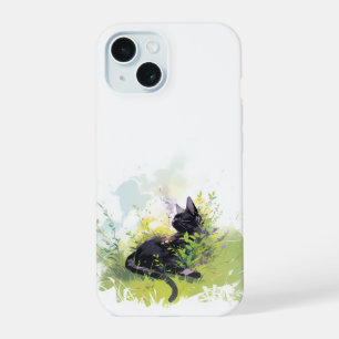 Étui iPhone 15 à peine là Chat Noir sur Gazon