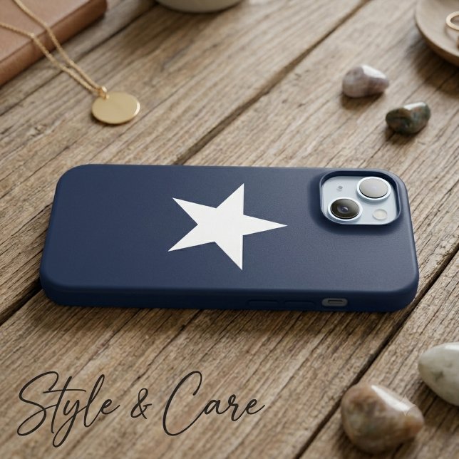 Étui iPhone 15 motif étoile classique bleu marine (Classic Star Motif Navy Blue iPhone 15 Case)