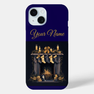 Étui iPhone 15 Noël vintage bleu marine et or