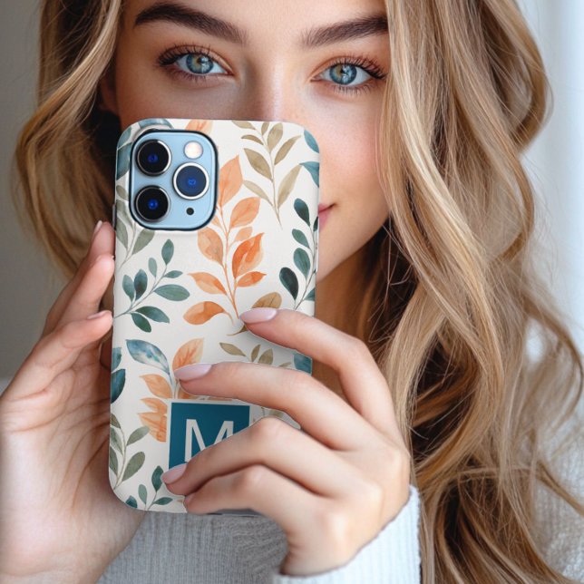 Étui iPhone fleur feuille Boho Monogramme (Créateur téléchargé)