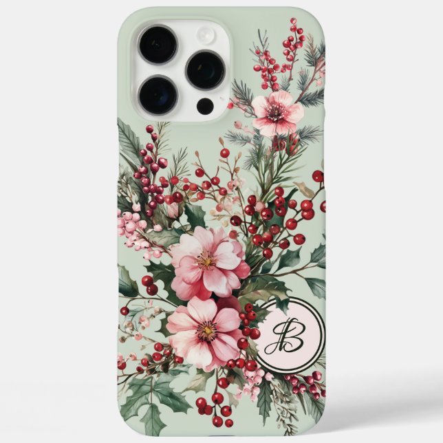 Étui monogrammé floral de Noël à l'aquarelle rose (Verso)