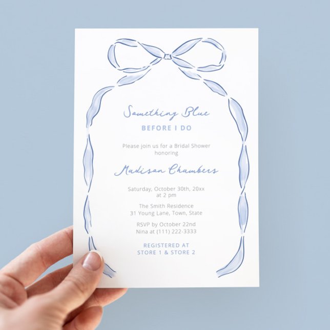 Etwas Blau, bevor ich Bow Brautparty Einladung (Whimsical hand drawn bow and handwritten font Something Blue Before I Do Bridal Shower invitations)