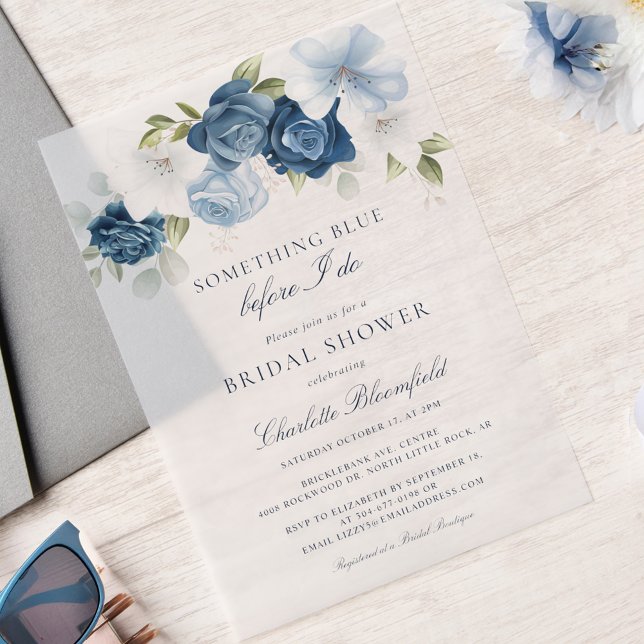 Etwas Blau, bevor ich florales Brautparty mache (Something Blue Watercolor Floral Bridal Shower Vellum Invitation)