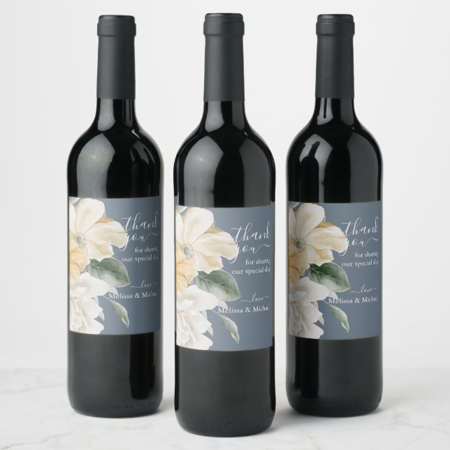 ETWAS BLAU - Elegante Blumen auf Blauer Hochzeit Weinetikett (Flaschen)