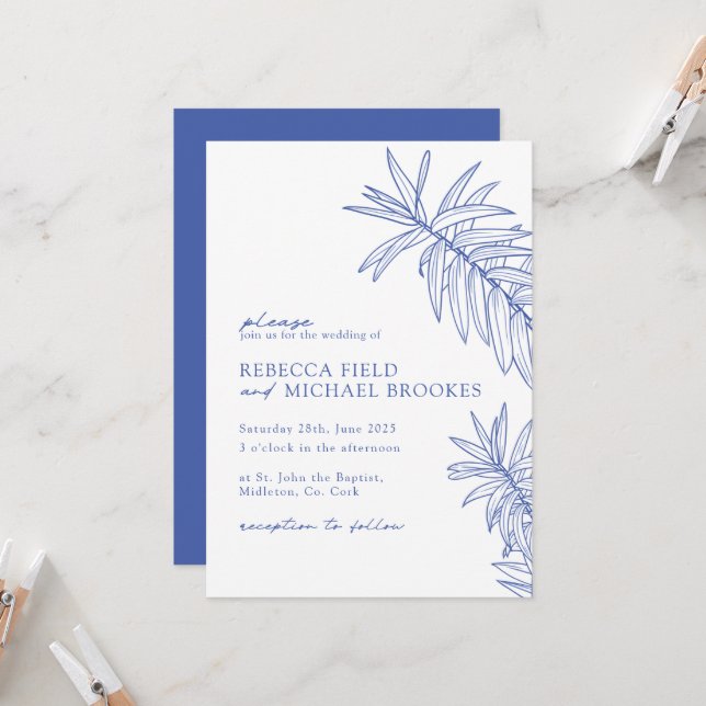 Etwas Blau Minimalistisch botanisch Einladung (Vorderseite/Rückseite Beispiel)