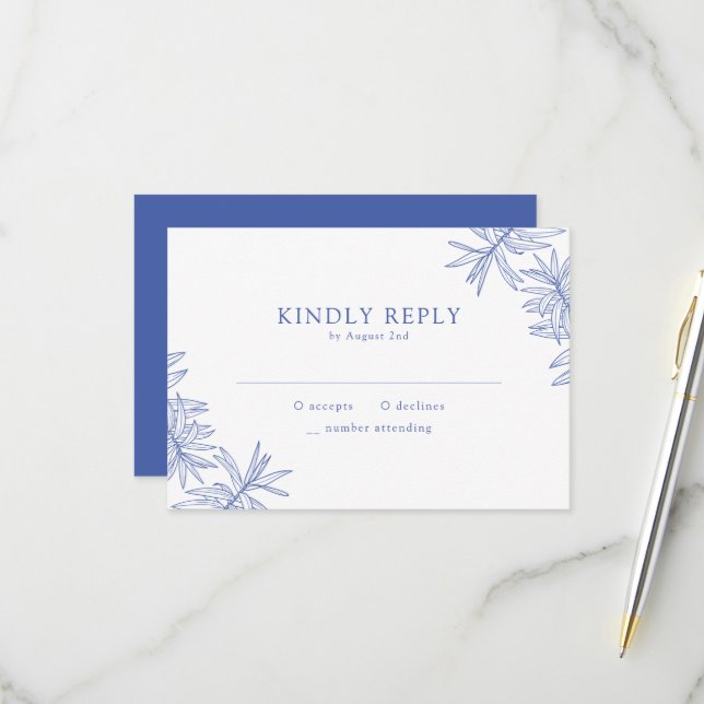 Etwas Blaues Elegantes Minimalistisch Botanisches RSVP Karte (Vorderseite/Rückseite Beispiel)