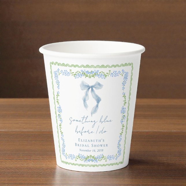 Etwas Blaues Whimsical Schleife Brautparty Pappbecher (Something Blue Whimsical Bow Bridal Shower Paper Cups)