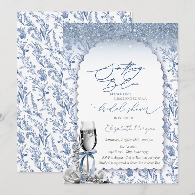 Etwas Blue Bow Glitzer Champagne Wildblume Einladung (Vorne/Hinten)