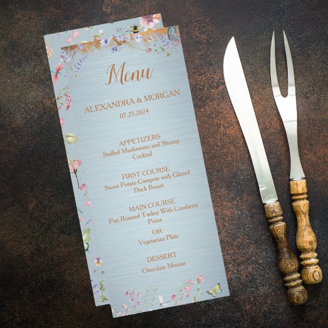 Etwas Blue Elegante Wildblume Wedding Menu Menükarte (Von Creator hochgeladen)