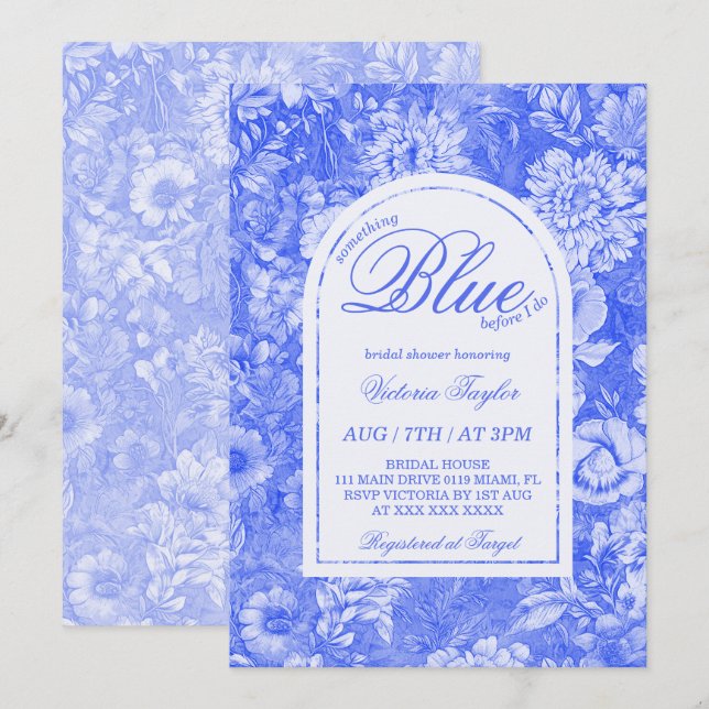 Etwas Blue Floral Brautparty Einladung (Vorne/Hinten)