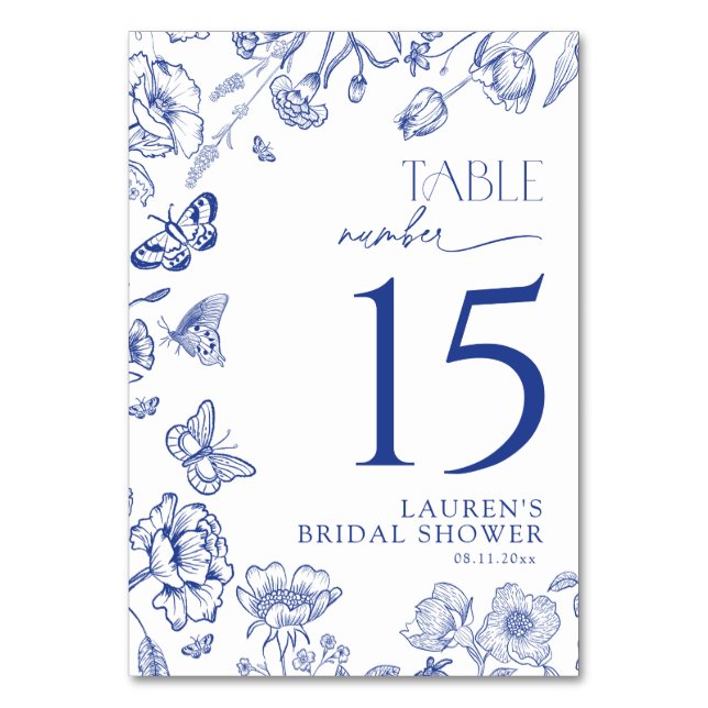 Etwas Blue Floral Brautparty Tischnummer (Vorderseite)