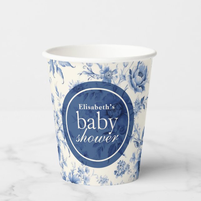 Etwas Blue Floral French Toile Baby Dusche Pappbecher (Vorderseite)