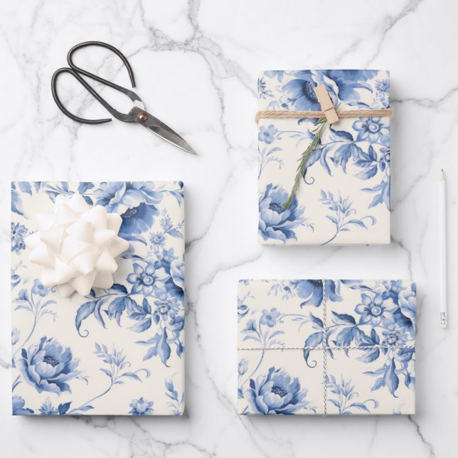 Etwas Blue Floral French Toile Chinoiserie Geschenkpapier Set (Vorderseite)