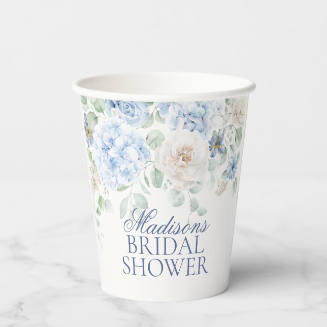 Etwas Blue Floral Hydrangea Brautparty Pappbecher (Rückseite)