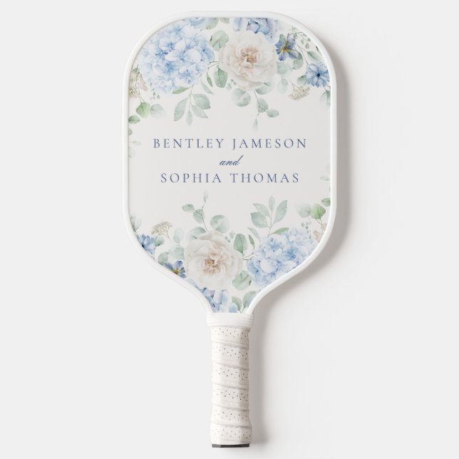 Etwas Blue Floral Hydrangea Gastgeschenke Hochzeit Pickleball Schläger (Vorderseite)