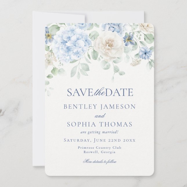 Etwas Blue Floral Hydrangea Save the Date Card Einladung (Vorderseite)