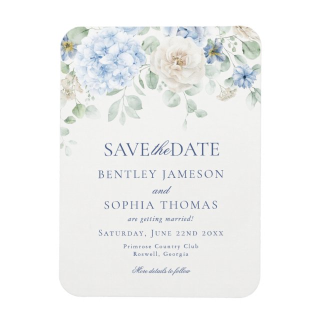 Etwas Blue Floral Hydrangea Save the Date Card Magnet (Vertikal)