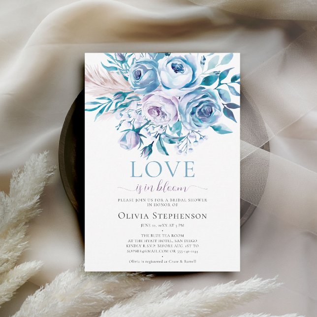 Etwas Blue Lavender Ombre Rose Brautparty Einladung (something blue bridal shower invitation floral roses boho pampas grass love in bloom dusty blue)