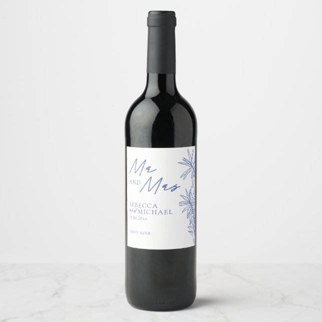 Etwas Blue Simple Botanical Mr & Mrs Wedding Weinetikett (Vorderseite)