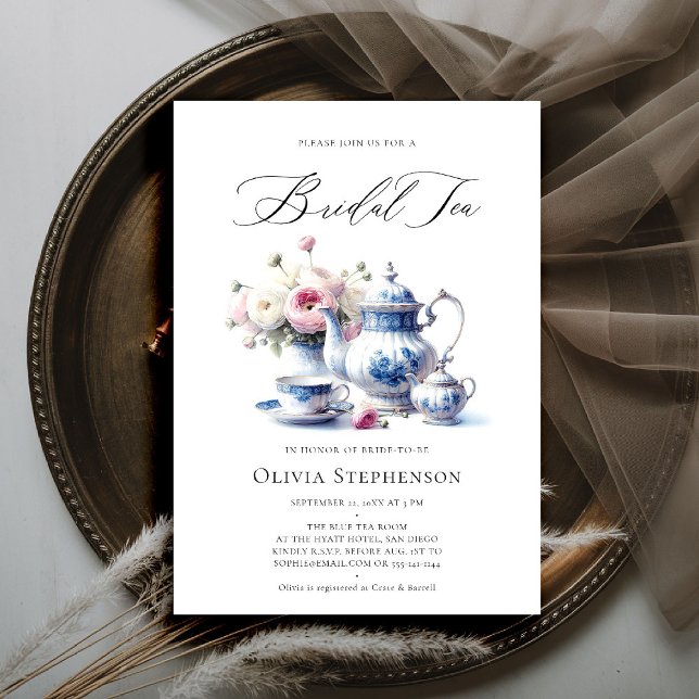 Etwas Blue Toile Blumenstrauß Bridal Teedusche Einladung (bridal tea invitation toile chinoiserie blue hamptons roses floral flower elegant modern classic)
