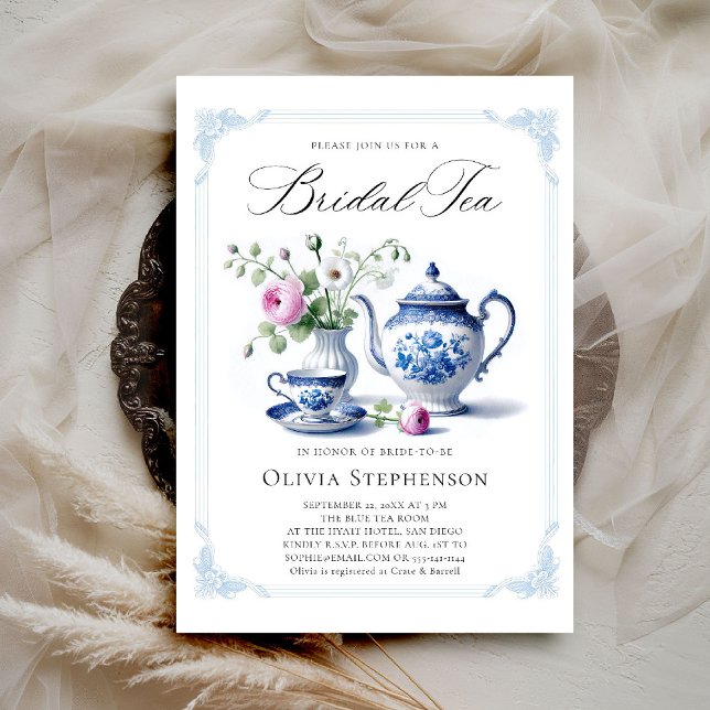 Etwas Blue Toile Frame Flora Bridal Teedusche Einladung (bridal tea invitation toile chinoiserie blue frame tea set roses floral flower elegant modern classy)
