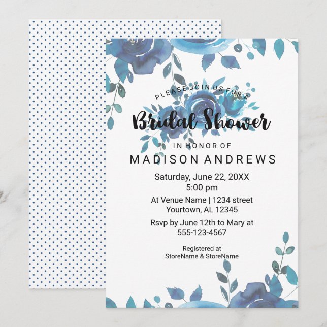 Etwas Blue Watercolor Bridal Dusche Einladung (Vorne/Hinten)