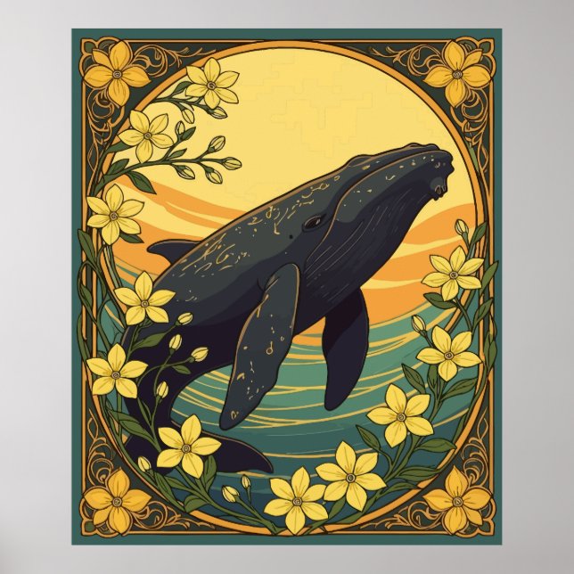 Eubalaena glacialis und Yellow Jasmine-Blume Poster (Vorne)