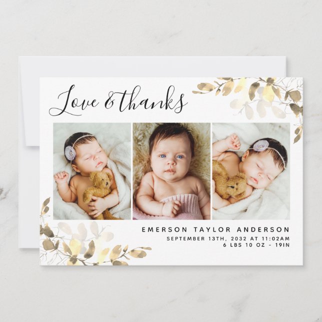 Eucalyptus 3 Foto Baby Birth Stats Dankeskarte (Vorderseite)