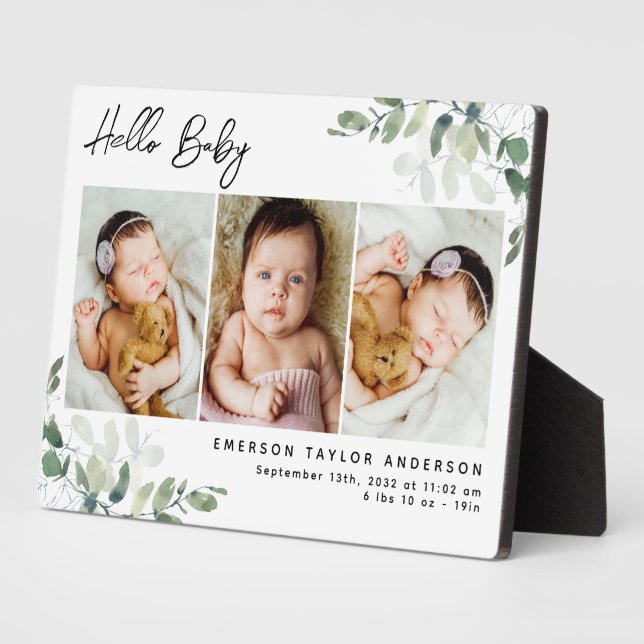 Eucalyptus 3 Foto Baby Birth Stats Keepake Fotoplatte (Seite)