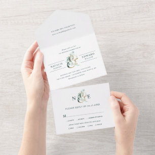 Eucalyptus Ampersand Gold Green Wedding All In One Einladung