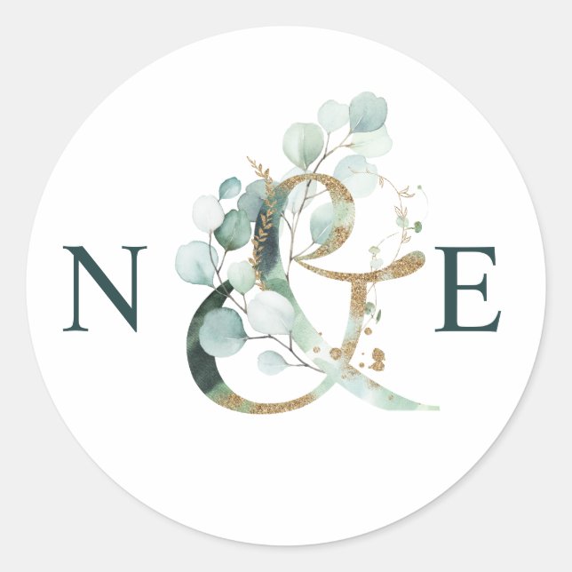 Eucalyptus Ampersand Gold Green Wedding Runder Aufkleber (Vorderseite)