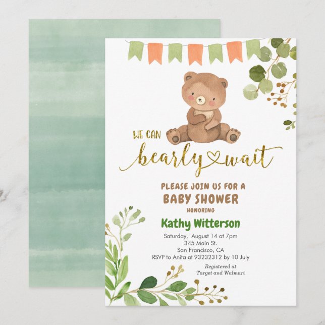 Eucalyptus and Bear We Can Bearly Wait Baby Shower Einladung (Vorne/Hinten)