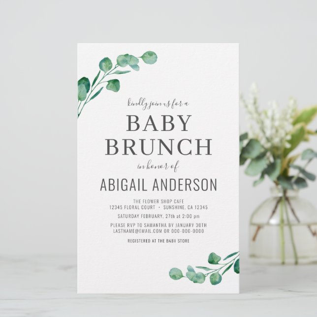 Eucalyptus Baby Brunch Grüne Einladung (Stehend Vorderseite)