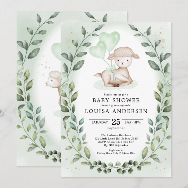 Eucalyptus Baby Schafe Little Lamm Neutrale Dusche Einladung (Vorne/Hinten)