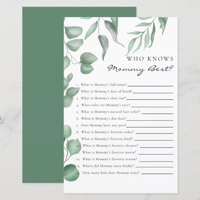 Eucalyptus Baby Shower Game Wer Mommy Best kennt (Vorne/Hinten)