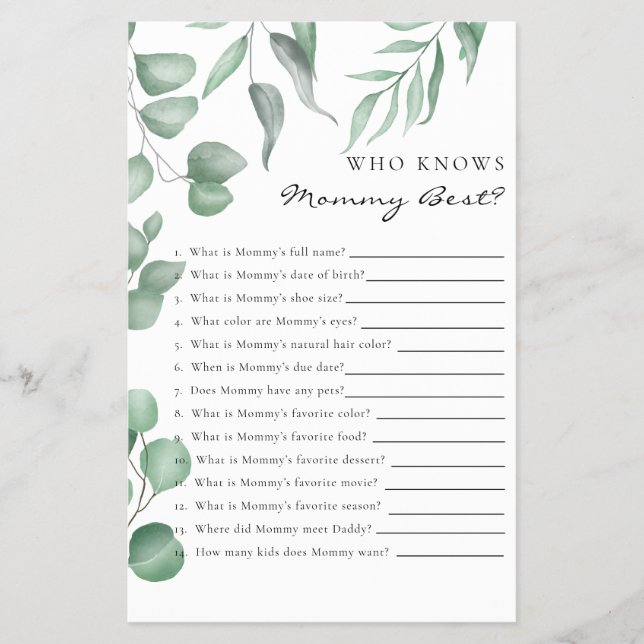 Eucalyptus Baby Shower Game Wer Mommy Best kennt Flyer (Vorne)