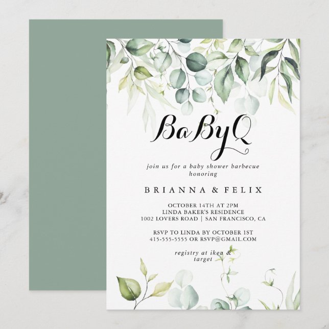 Eucalyptus BabyQ Baby Showgrill Einladung (Vorne/Hinten)