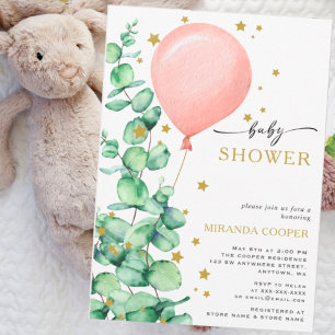 Eucalyptus Balloon Baby Girl Dusche Golden stars Einladung
