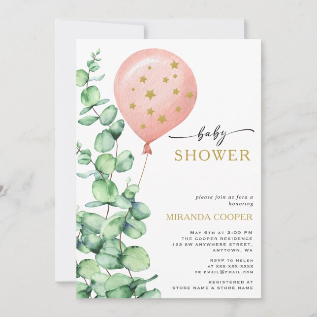 Eucalyptus Balloon Baby Girl Shower Einladung (Vorderseite)