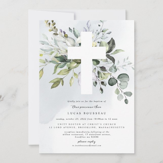 Eucalyptus Baptême Christening Boy Invitation (Devant)