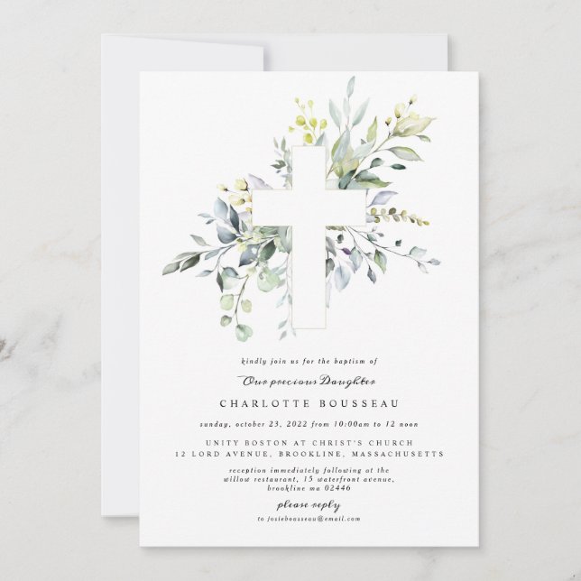 Eucalyptus Baptême Christening Invitation (Devant)
